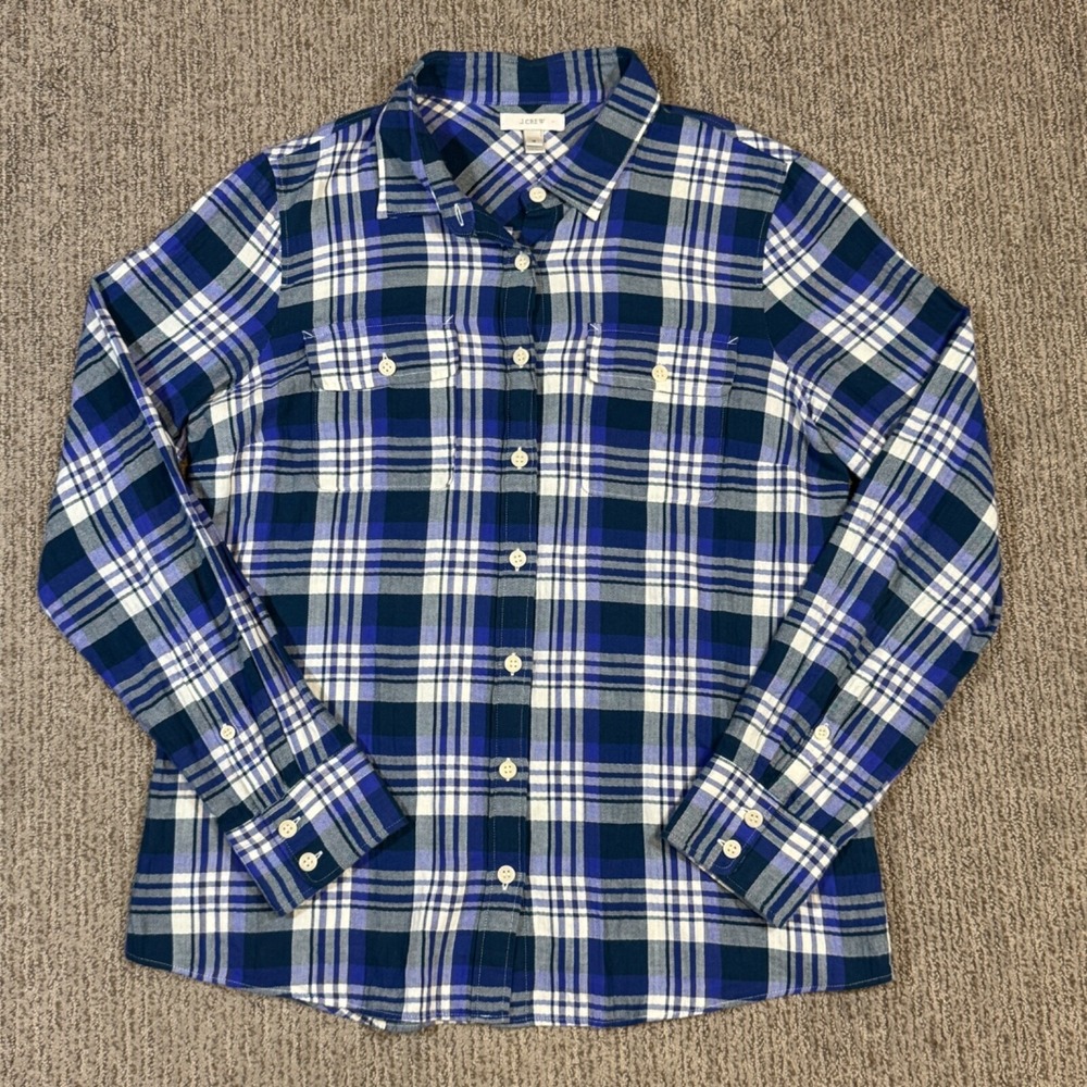 J Crew Womens 12 Button Up Twill Shirt Long Sleeve Cotton Stretch Blue Plaid